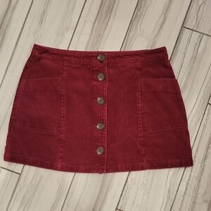 Button-Front Corduroy Mini Skirt in Wine